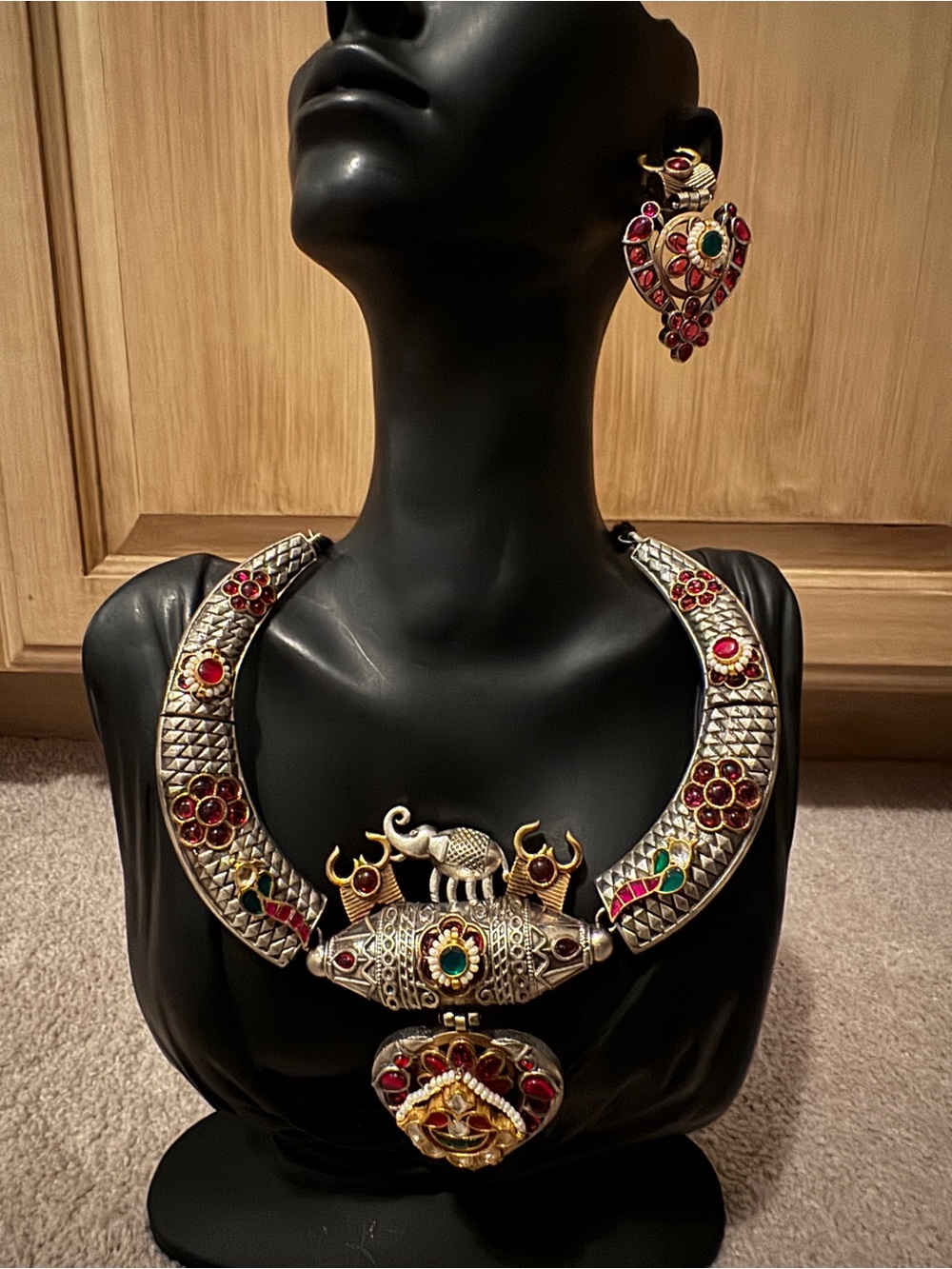 Handcrafted Gold-Tone Necklace & Earring Set with Red and Green Accents